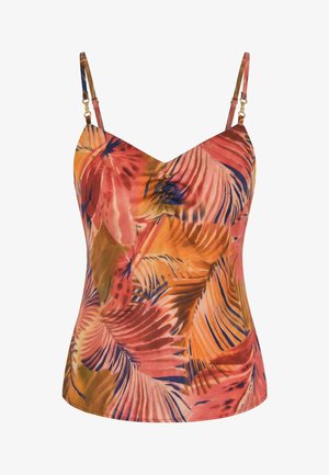 Haut sans manches à fines bretelles spaghetti avec un motif de feuilles de palmier orange, rose et bleu marine, et un détail froncé au centre devant.