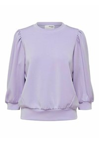 Sudadera de color lavanda con mangas abullonadas y dobladillo acanalado. Tejido suave con una textura lisa y un brillo sutil, ideal para el uso diario.