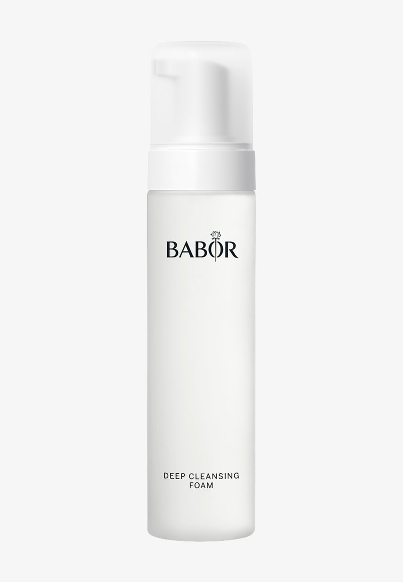 White cylindrical bottle with pump dispenser labeled "BABOR" and "Deep Cleansing Foam" on front.