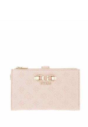 Portafoglio Guess rosa chiaro con motivo a rilievo, logo doppia G in oro e chiusura con zip superiore.