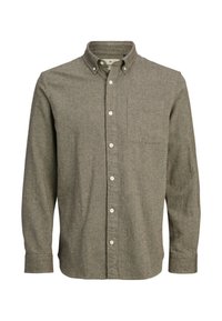 Lange mouwen knoopshirt van bruine textuurstof, met een klassieke kraag, een borstzak en vijf knopen langs de sluiting.