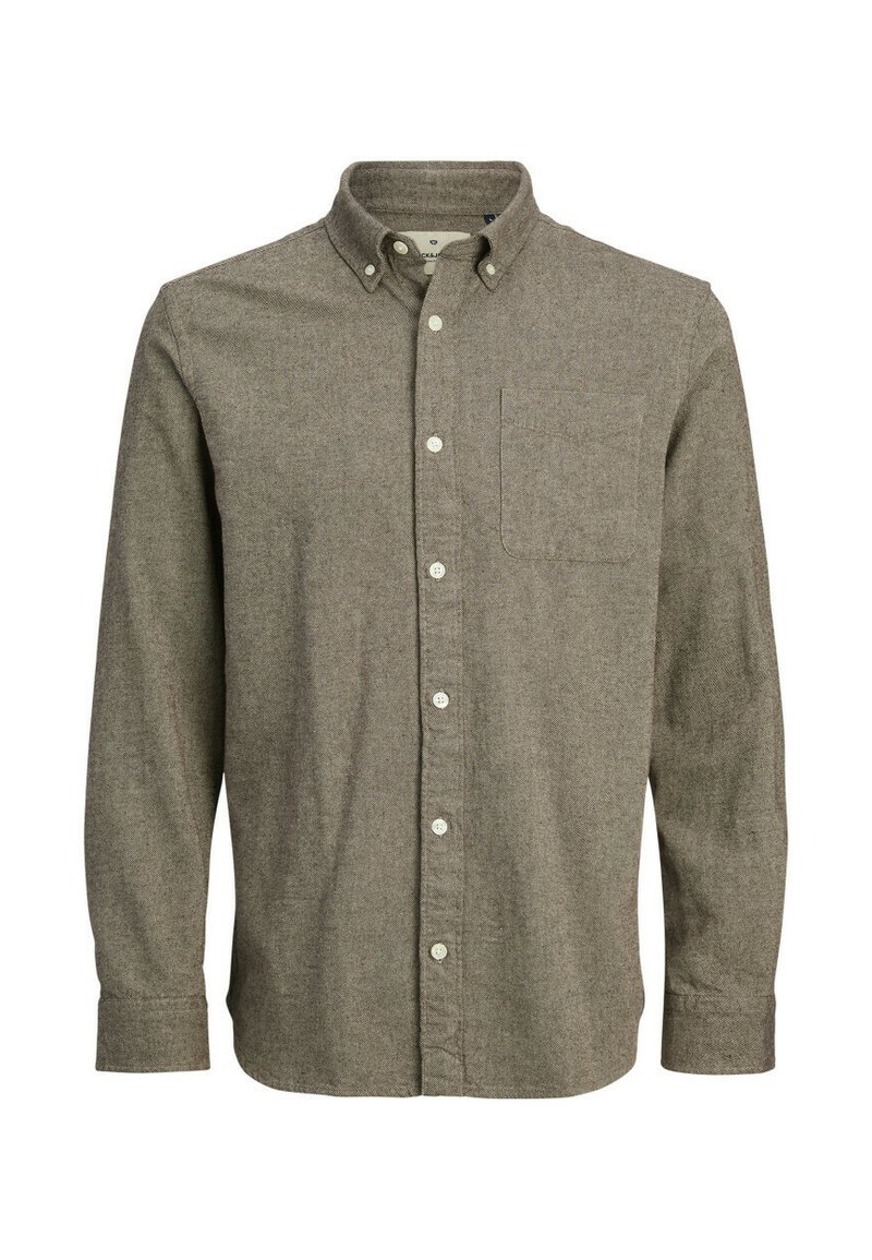 Lange mouwen knoopshirt van bruine textuurstof, met een klassieke kraag, een borstzak en vijf knopen langs de sluiting.