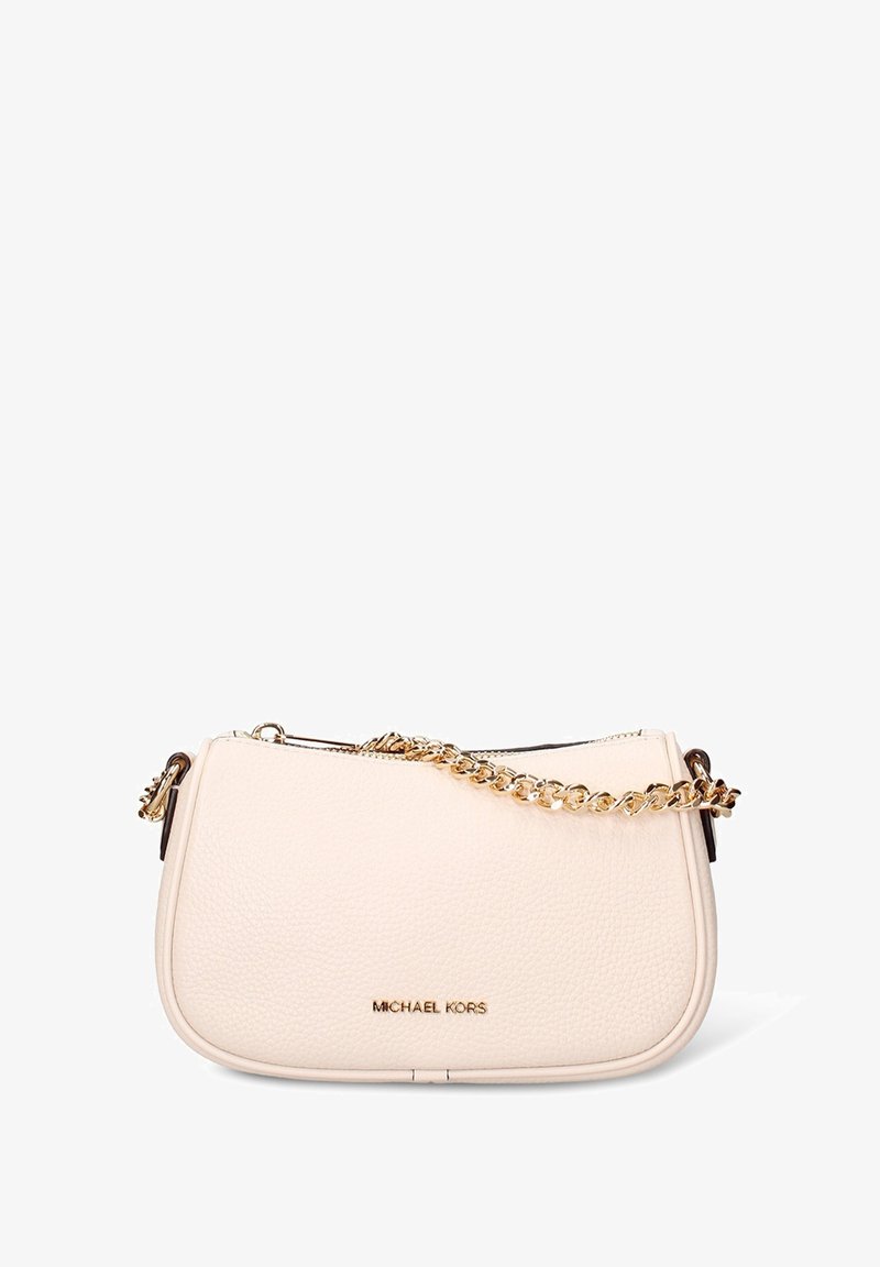 Borsa a tracolla in pelle crema con forma arrotondata, tracolla a catena dorata e chiusura con cerniera. Logo "MICHAEL KORS" sul davanti.