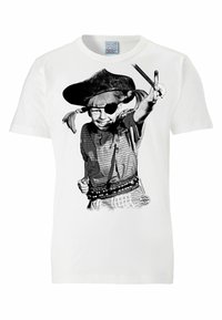 White cotton t-shirt featuring a black-and-white graphic of a child dressed as a pirate, with an eye patch and a hat.