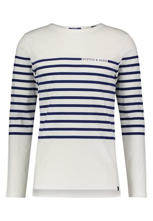 Biała koszula z długim rękawem z granatowymi poziomymi paskami i logo "Scotch & Soda" na górnej części klatki piersiowej.