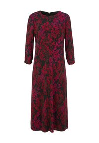 Bloemendress van lichtgewicht stof, met een zwarte basis en levendige rode en roze patronen, 3/4 mouwen en een ronde halslijn.