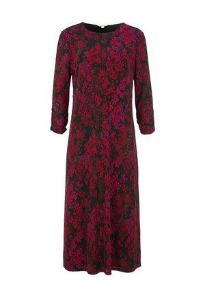 Blumenkleid aus leichtem Stoff, mit schwarzem Grund und lebhaften roten und rosa Mustern, 3/4-Ärmeln und Rundhalsausschnitt.