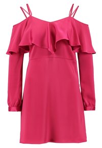 Rosa schulterfreies Kleid mit gerafftem Halsauschnitt und langen Ärmeln, aus glattem Stoff gefertigt. Verfügt über dünne verstellbare Träger und eine lockere Passform.