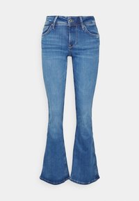 Blu denim flared jeans med midja, med framfickor, knapplås och dragkedja, samt blekt detaljer på benen.