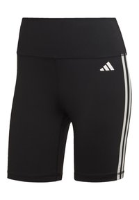 Czarne sportowe szorty o wysokim stanie, z trzema białymi paskami po bokach i logo Adidas z przodu. Gładka tekstura.