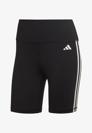 Melnas sporta bikses ar augstu jostasvietu, ar trim baltām svītrām gar sāniem un Adidas logotipu priekšā. Gluda tekstūra.