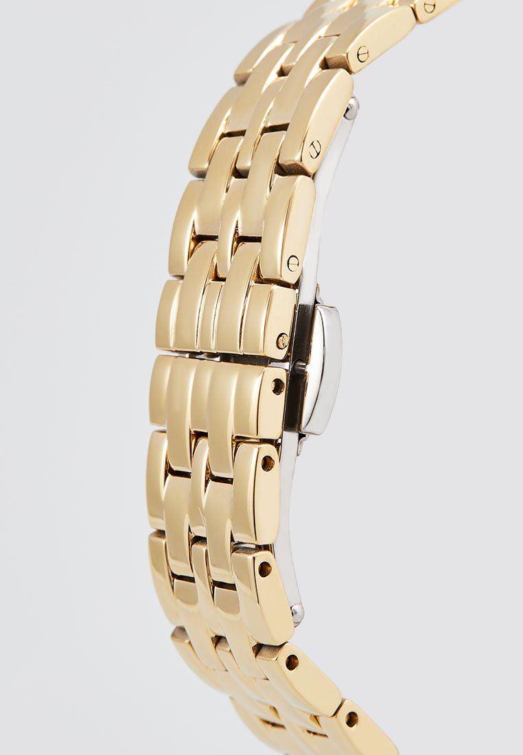 Pulsera de reloj de metal dorado con eslabones rectangulares entrelazados; superficie pulida; cierre de plata para un cierre seguro; textura suave.