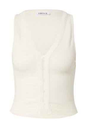 Mouwloos crèmekleurig tanktop met een V-hals, knopen aan de voorkant, getailleerde pasvorm en een gladde gebreide textuur. Etiket zegt "EDITED."
