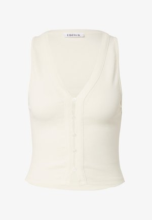 Mouwloos crèmekleurig tanktop met een V-hals, knopen aan de voorkant, getailleerde pasvorm en een gladde gebreide textuur. Etiket zegt "EDITED."
