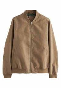 Veste aviateur marron en tissu lisse, dotée d'une fermeture éclair, de poignets côtelés, de poches latérales et d'un col montant classique.