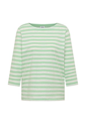 Košile s dlouhým rukávem se světle zelenými a bílými vodorovnými pruhy a kulatým výstřihem, zobrazena na čistě bílém pozadí.