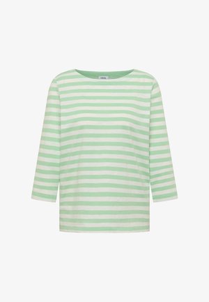 Langärmeliges Hemd mit hellgrünen und weißen horizontalen Streifen und rundem Ausschnitt, auf einem schlichten weißen Hintergrund dargestellt.