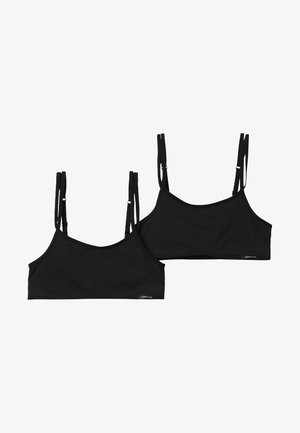 Due due reggiseni neri con un design semplice, realizzati in tessuto liscio. Ognuno presenta spalline sottili regolabili e un piccolo logo sulla parte inferiore.