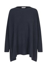 Dunkelblauer oversized Pullover mit rundem Halsausschnitt, gerippten langen Ärmeln und einem asymmetrischen Saum, hergestellt aus einem weichen, strukturierten Strickstoff.