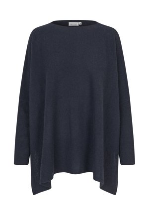 Maglione oversize blu navy con scollo rotondo, maniche lunghe a costine e orlo asimmetrico, realizzato in un morbido tessuto lavorato a maglia.