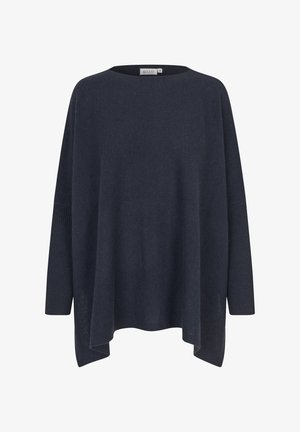 Navy blue oversized sweater with a round neckline, ribbed long sleeves, and a high-low hem, made from a soft, textured knit fabric.