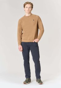 Felpa color fango con scollo rotondo e piccolo logo, abbinata a pantaloni blu scuro e sneakers verdi. Tessuto liscio, design aderente e stile casual.