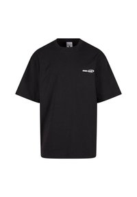 Black cotton t-shirt with short sleeves, crew neck, and a white logo on the chest. Simple design with a straight cut and no patterns.