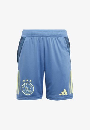 Pantalones cortos de color azul claro con acentos amarillos, que presentan un emblema y tres estrellas. Están hechos de un material transpirable con paneles laterales de malla y una cinturilla elástica.