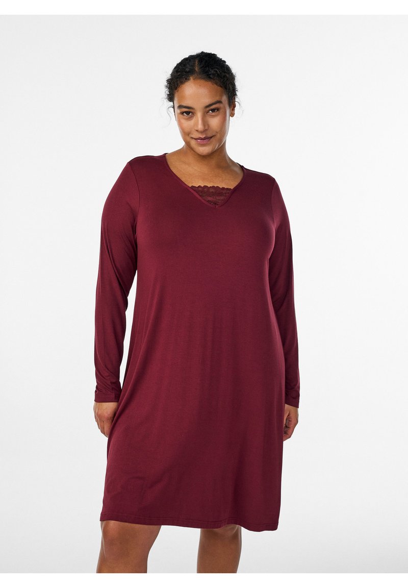 Burgundska obleka z dolgimi rokavi, z V-izrezom in čipkastim detajlom na ovratniku. Iz mehke, gladke tkanine s sproščenim krojem.