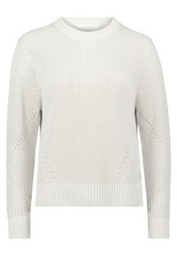 Hellgrauer Strickpullover mit Rundhalsausschnitt, gerippten Bündchen und Saum, der strukturierte Muster und diagonale Details an den Ärmeln aufweist.