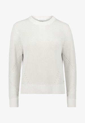Light gray knitted sweater with a crew neckline, ribbed cuffs and hem, featuring textured patterns and diagonal detailing on sleeves.