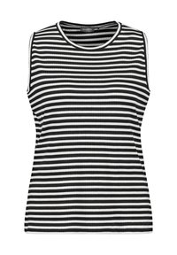 Černobílý pruhovaný top bez rukávů vyrobený z žebrované tkaniny; má kulatý výstřih a obepínající siluetu.