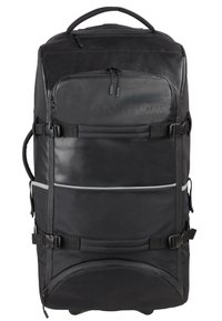 Schwarzer Rucksack mit einem strapazierfähigen Stoffkörper, glatten Akzenten, einem doppelten Reißverschluss, verstellbaren Trageriemen und einem reflektierenden Streifen an der Vorderseite.