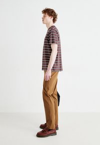 Camiseta de manga corta a rayas marrón combinada con pantalones color tostado y mocasines rojos. Presenta rayas horizontales de diferentes anchos y colores.