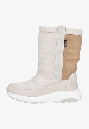 Knähöga isolerade stövlar i kräm och beige, med quiltad yta, elastiskt sidorpanel och en vit gummisula för bra grepp.