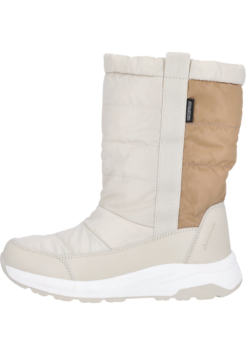 Knähöga isolerade stövlar i kräm och beige, med quiltad yta, elastiskt sidorpanel och en vit gummisula för bra grepp.
