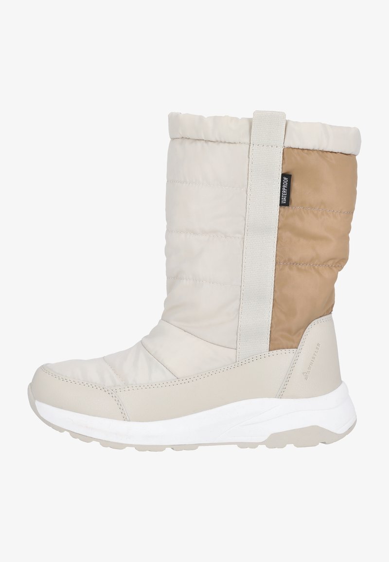 Knähöga isolerade stövlar i kräm och beige, med quiltad yta, elastiskt sidorpanel och en vit gummisula för bra grepp.