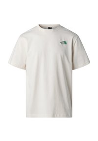 Cream cotton t-shirt with short sleeves, round neck, featuring a small green logo on the left chest area. Smooth texture, relaxed fit.