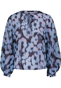 Blouse à manches longues avec motif abstrait bleu et noir, encolure ronde et détail noué à l'avant, en tissu léger et semi-transparent.