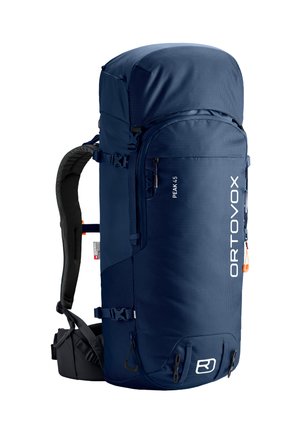 Dunkelblauer Wanderrucksack mit strukturierter Oberfläche, großem oberen Fach, verstellbaren Trägern und mehreren Reißverschlussfächern.