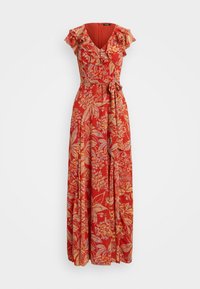 Robe maxi rouge à fleurs avec un décolleté en V, des manches bouffantes et une taille ceinturée. Fabriquée en tissu léger avec un design fluide.