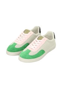 Sneaker mit einem Obermaterial aus leichtem Grau-Mesh, pinken Wildlederakzenten und einer grünen Wildlederzehe. Verfügt über weiße Schnürsenkel und eine schwarze Fersenschlaufe.