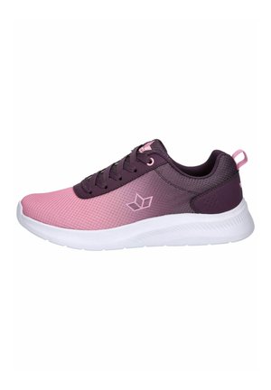 Purple and pink athletic shoes with a textured mesh upper, contrasting laces, and a white sole, featuring a small logo on the side.