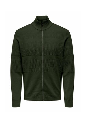 Zeleni zip-up kardigan s visokim ovratnikom, s teksturiranim prugama i rebrastim manžetama. Izrađen od mekog pletenog materijala.