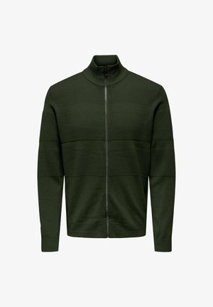 Green zip-up cardigan with high collar, featuring textured stripes and ribbed cuffs. Made from soft knit material.