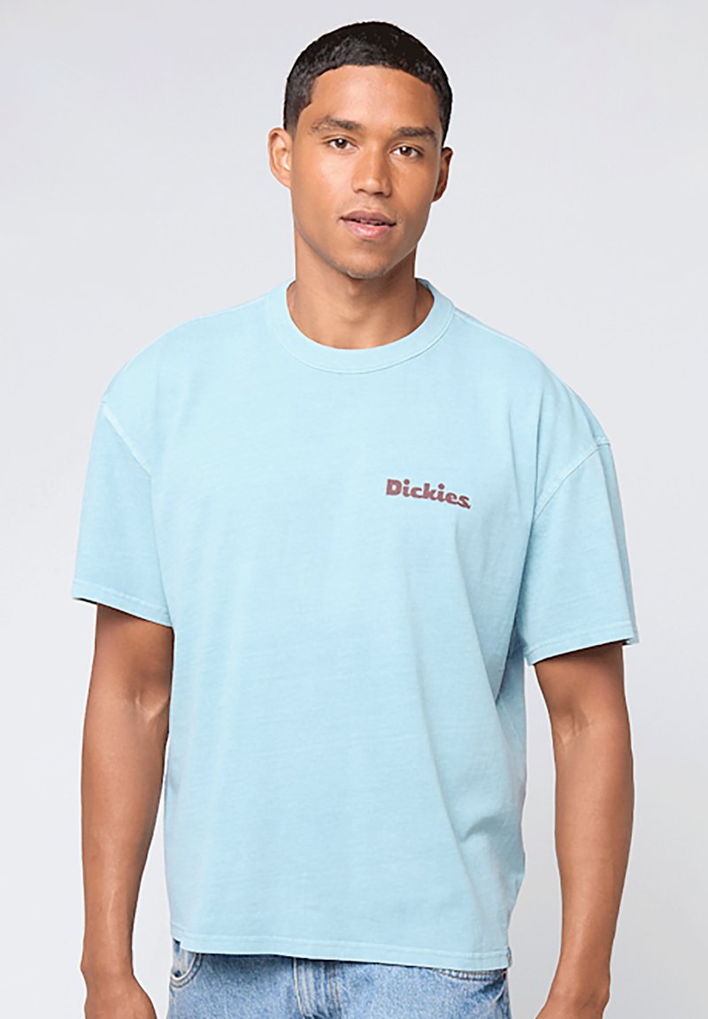 Camiseta de algodón azul claro con un corte relajado, cuello redondo y mangas cortas. Presenta un pequeño logo en rojo oscuro de "Dickies" en el pecho.