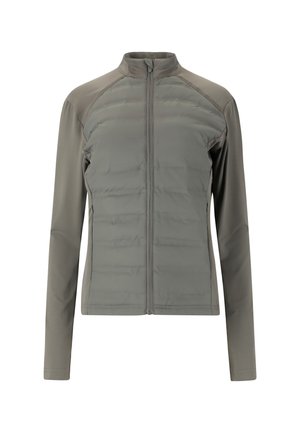 Letvægts grå isoleret jakke med zip-foran, lange ærmer og paneldesign, der har kontrasterende glatte og luftige teksturer.