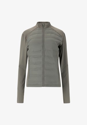 Letvægts grå isoleret jakke med zip-foran, lange ærmer og paneldesign, der har kontrasterende glatte og luftige teksturer.