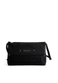 Black leather messenger bag with a fold-over flap, zippered front pocket, silver hardware accents, and an adjustable shoulder strap.