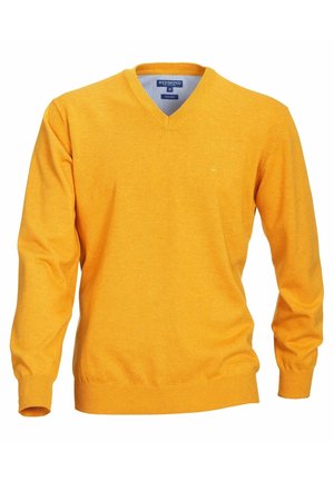 Męski średni żółty sweter z dekoltem w serek, długimi rękawami oraz ściągaczami na mankietach, dole i wokół szyi, oznaczony jako Redmond bawełna czysta.